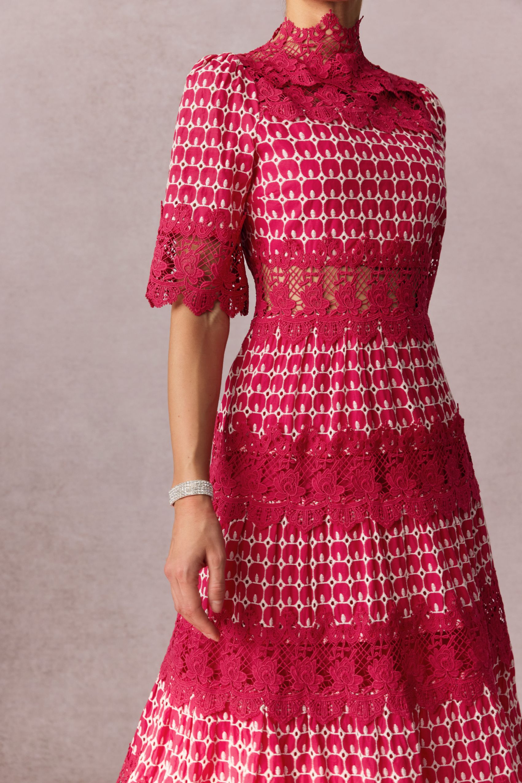 Sabrina Embroidered Lace Short Sleeve Midi Dress