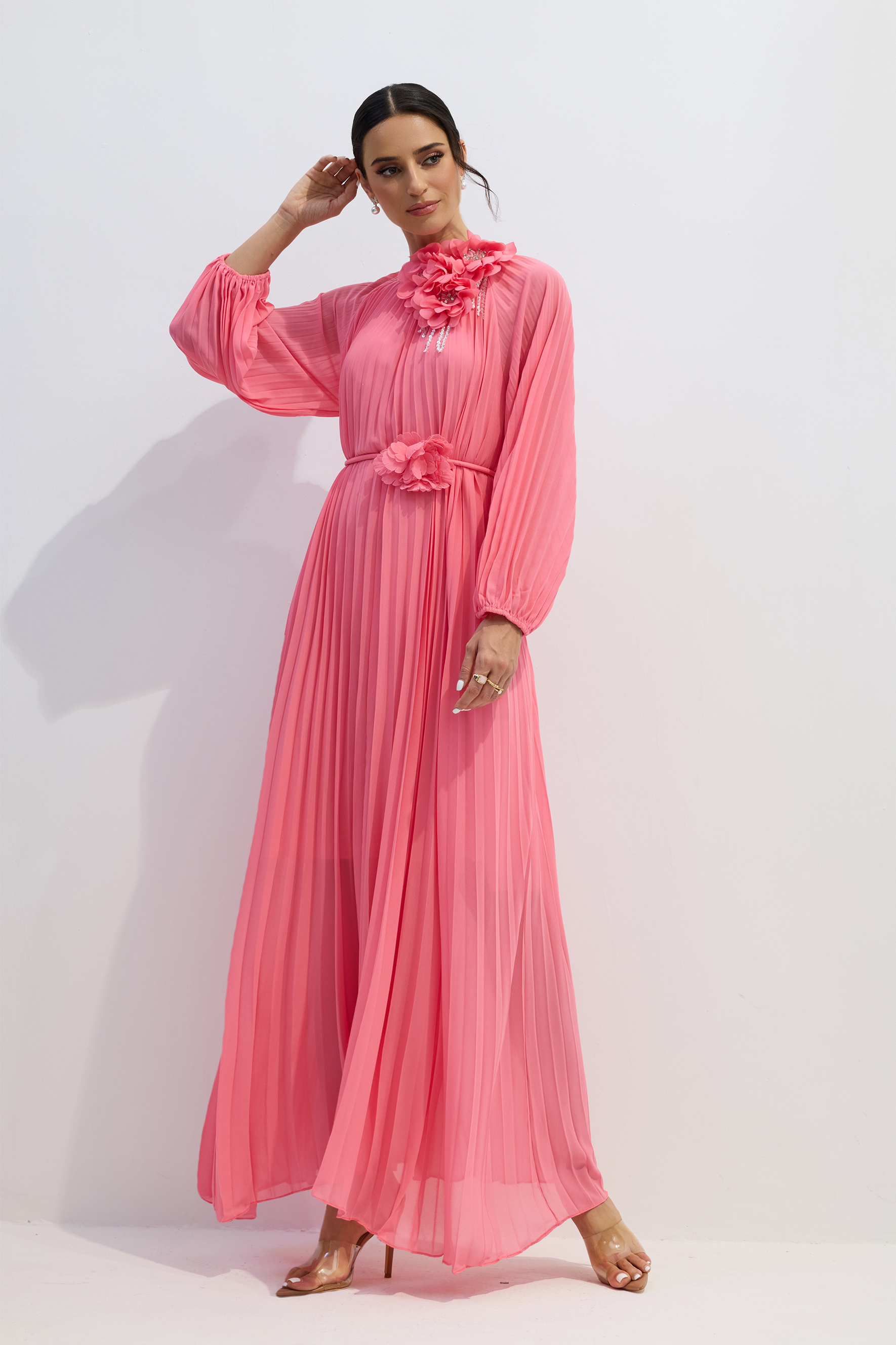 Irene Floral Applique Pleated Chiffon Maxi Dress