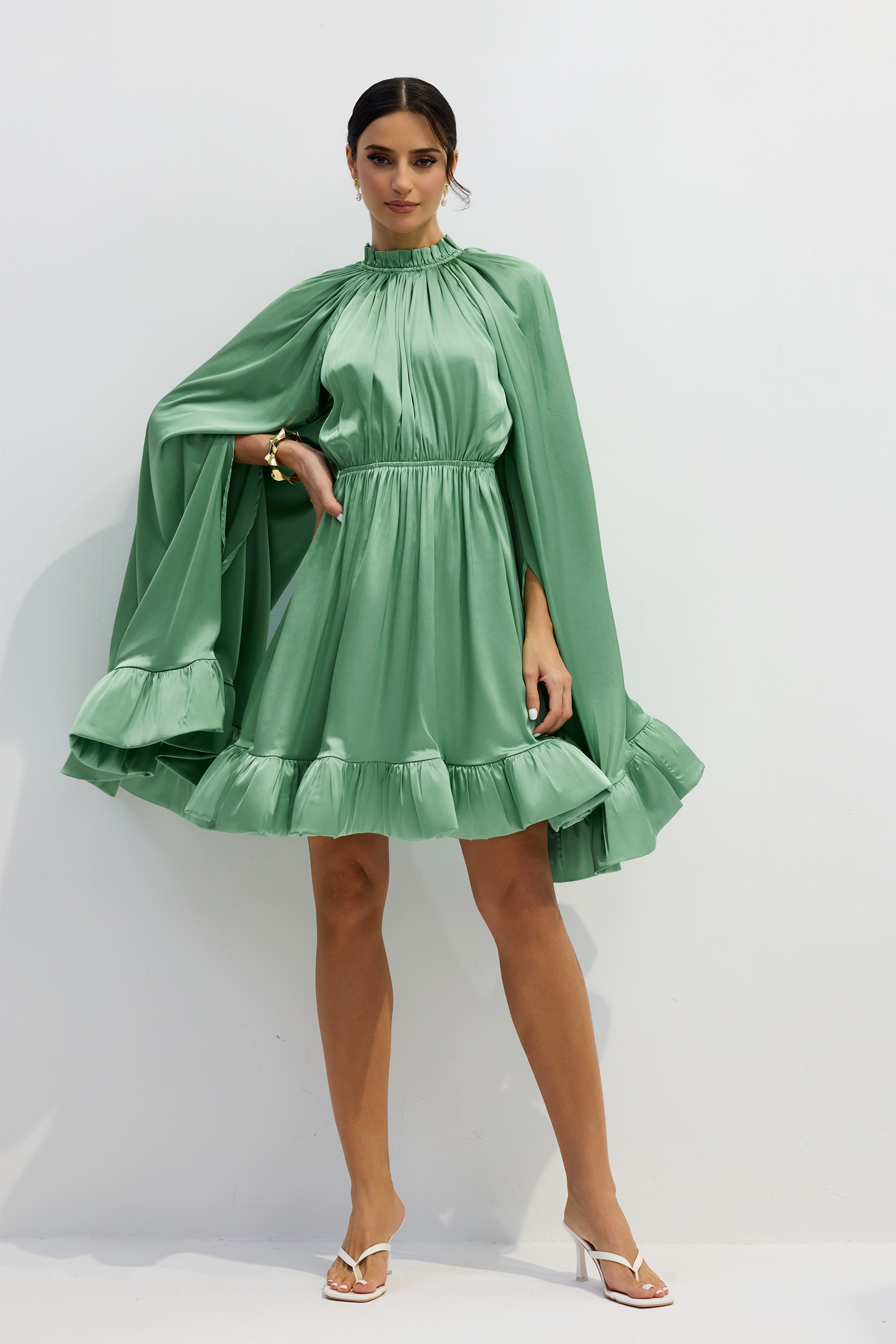 Octavia Cape Sleeve Ruffle Hem Mini Dress
