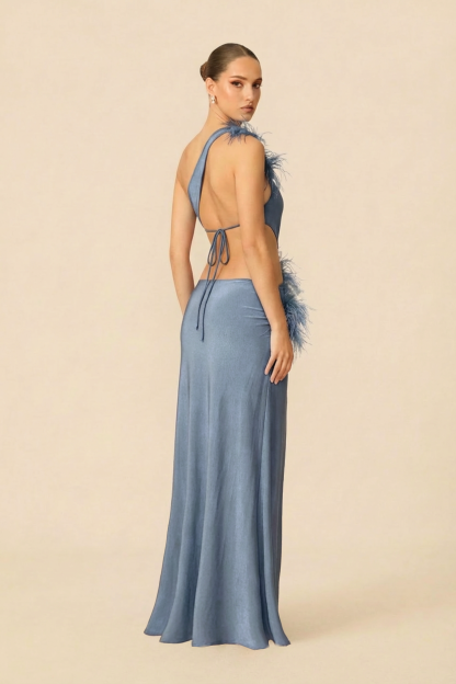Exceptional Moments Blue Feather Floral Cutout Maxi Dress