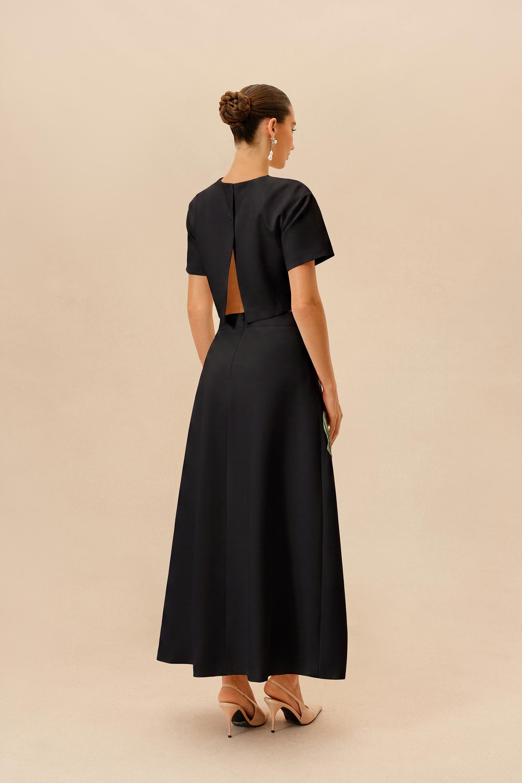Enchanted Garden Black Floral Applique Cropped Top & Maxi Skirt Set