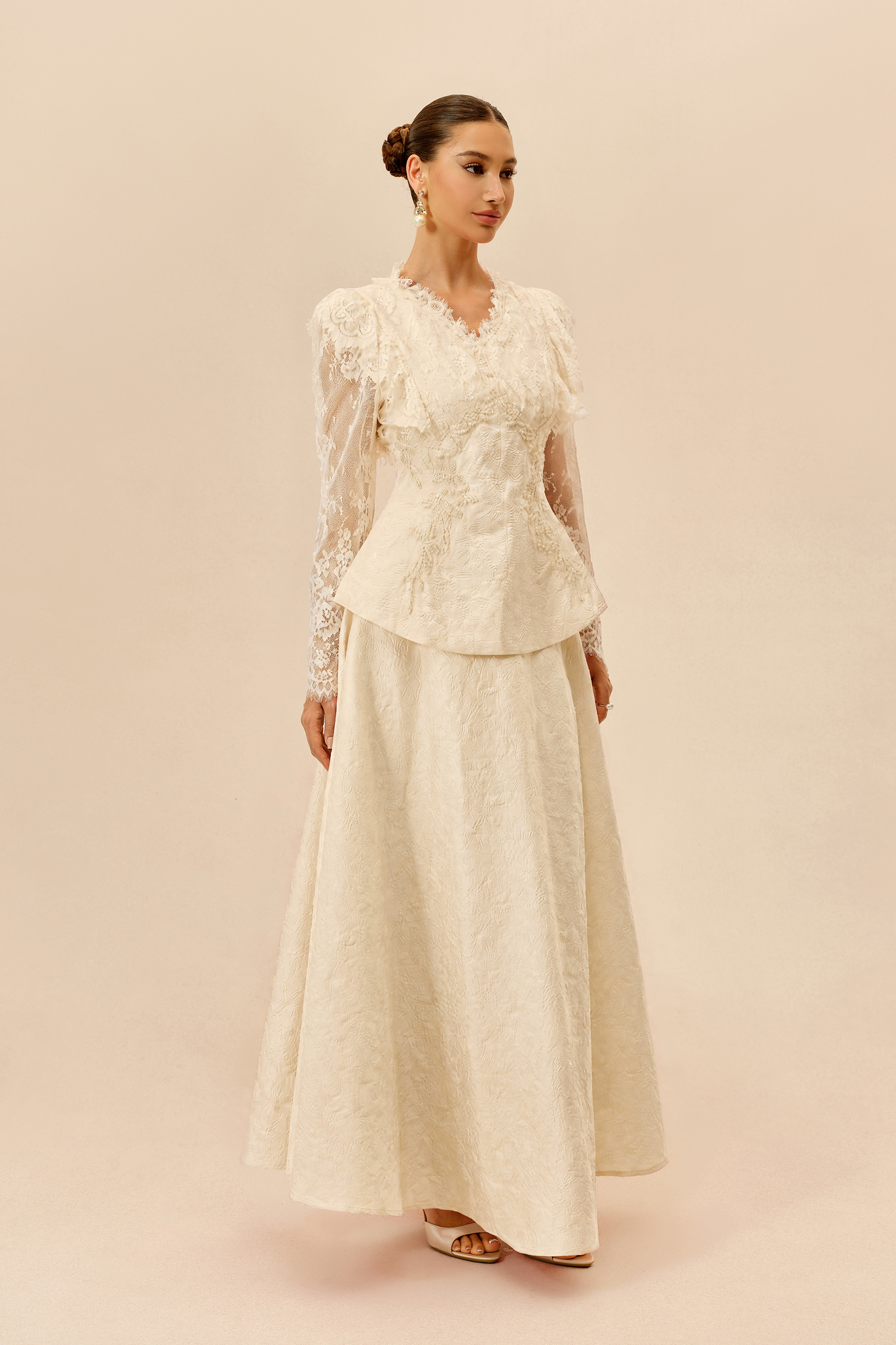 First Impression Apricot Beaded Embroidery Jacket & Skirt Set