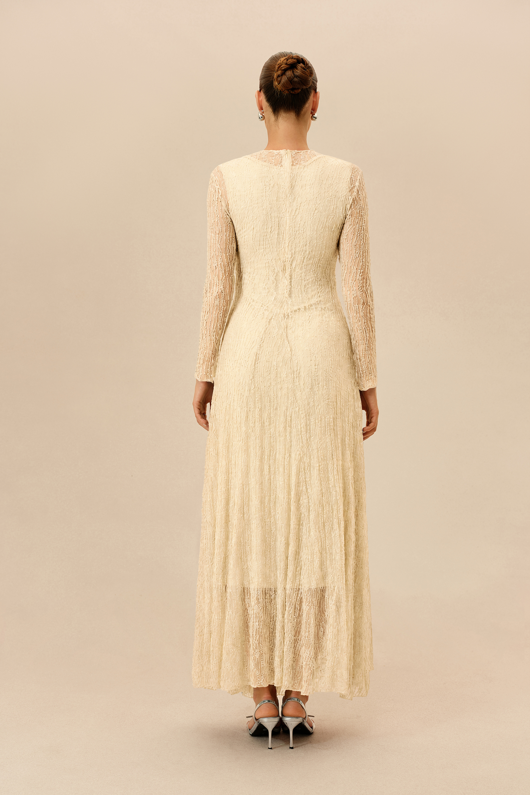 Dearly Yours Beige Rhinestone Embellished Long Sleeve Maxi Dress