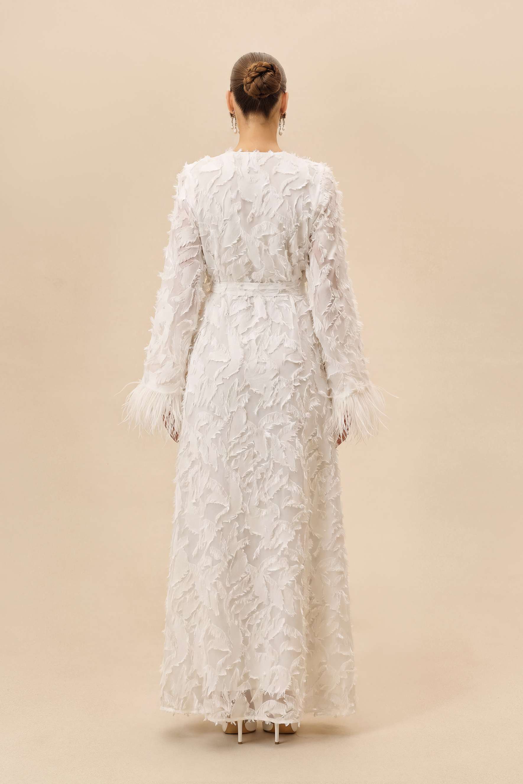 Secret Affair White Leaf Applique Featherer Cuff Maxi Dress