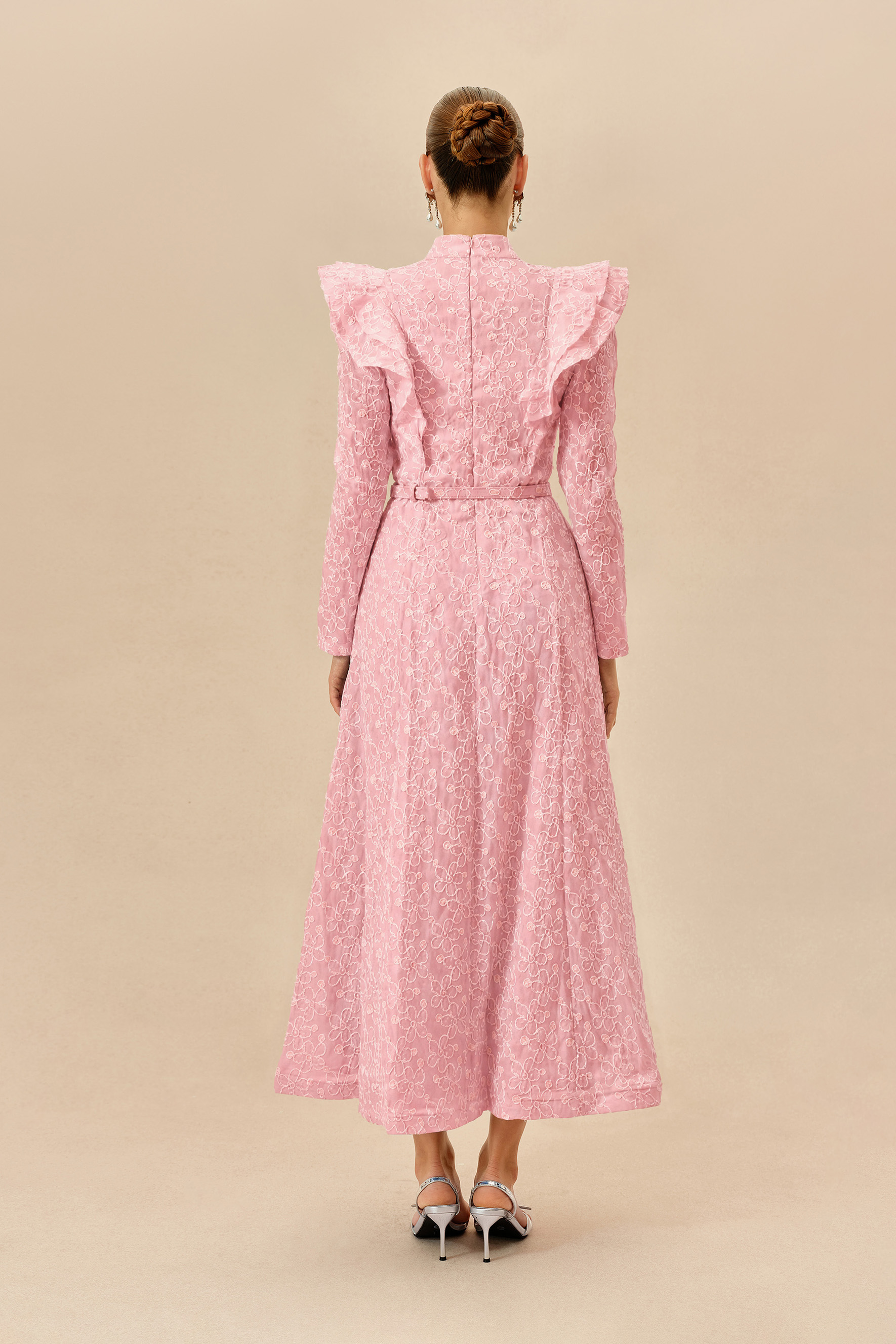 Casual Daydream Pink Floral Embroidery Ruffle Shoulder Maxi Dress