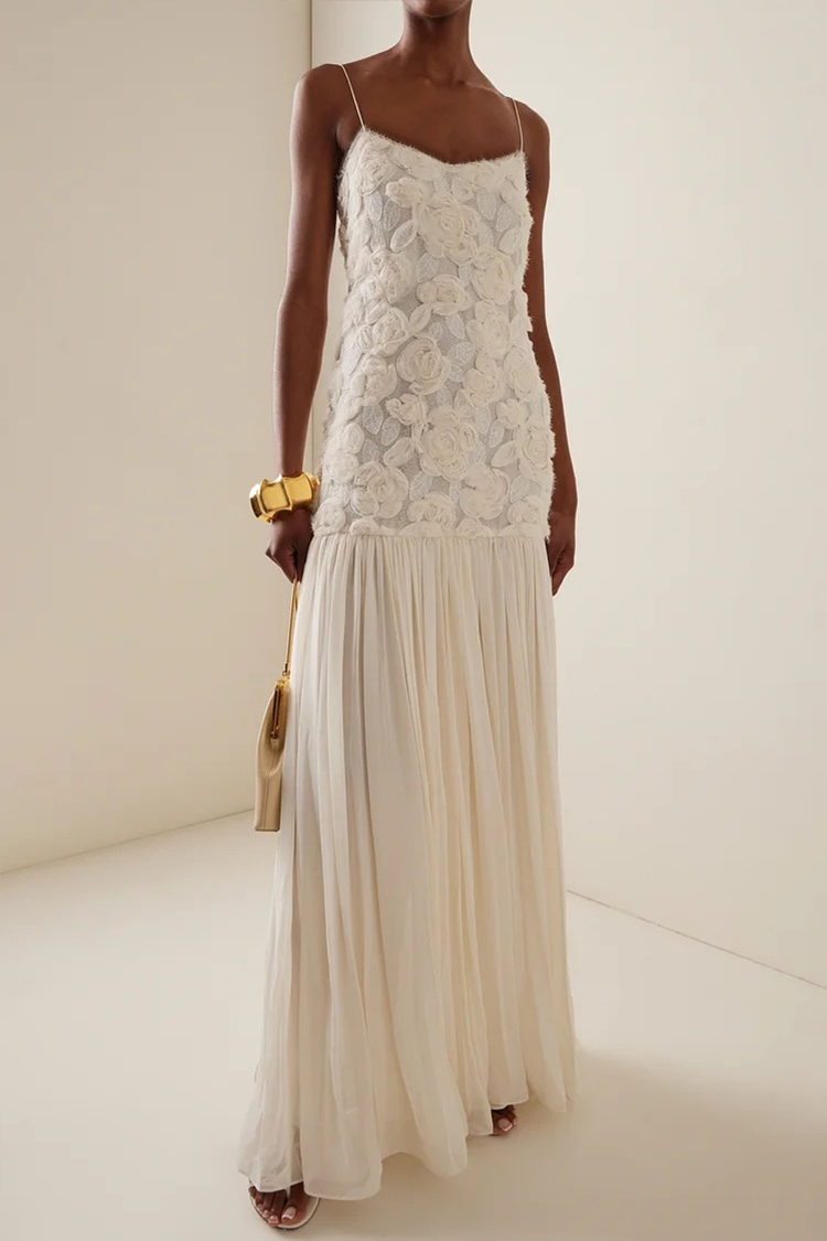 Andrea Floral Applique Pleated Chiffon Maxi Dress-Sunfere-vacation dress,25.1.1,maxi,Dress,floral,pleated,chiffon,white
