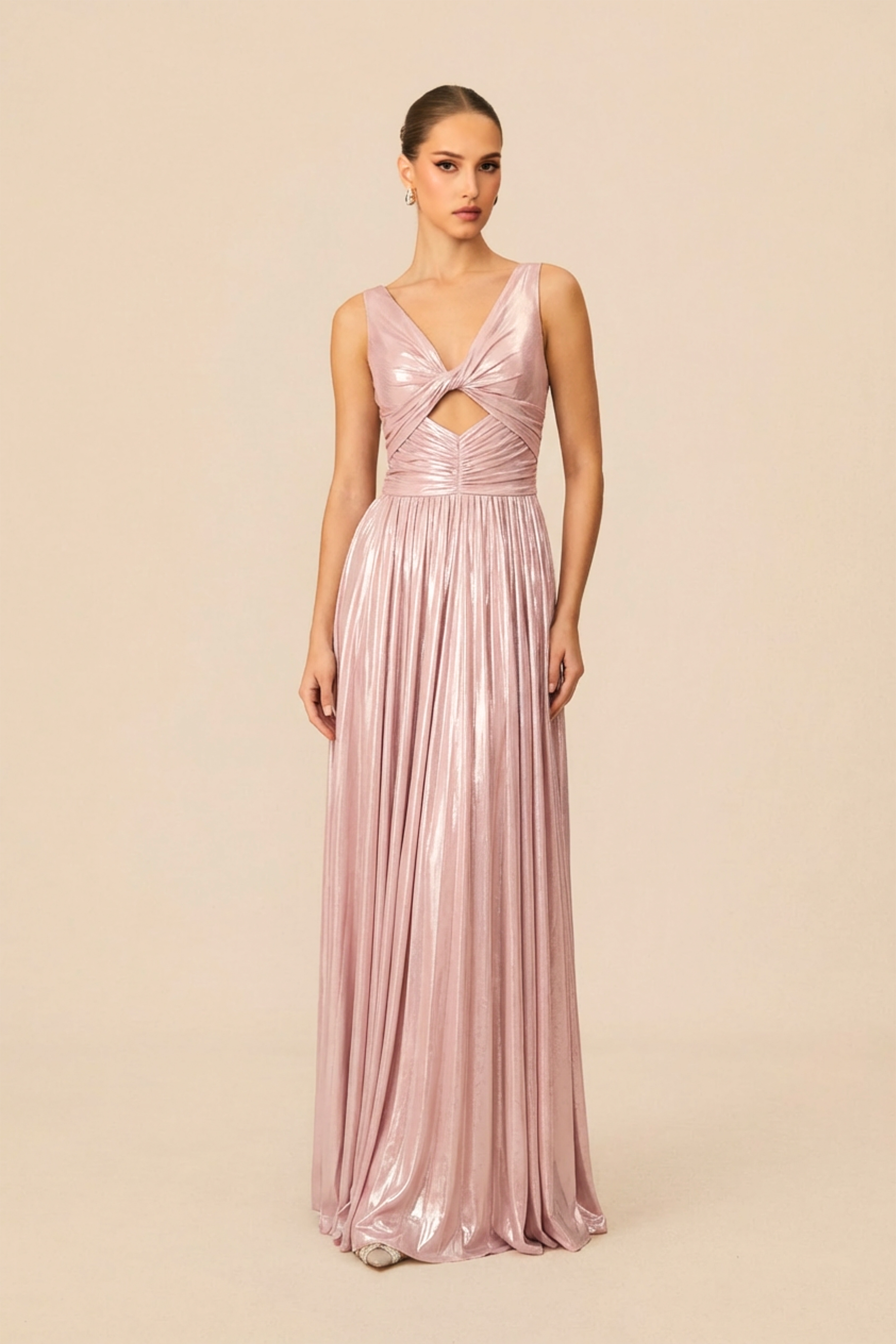 Candlelight Dream Pink Metallic Twisted Bodice Maxi Dress