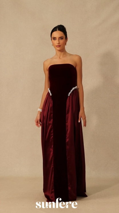 Moira Strapless Pearl Embellished Velvet Maxi Dress
