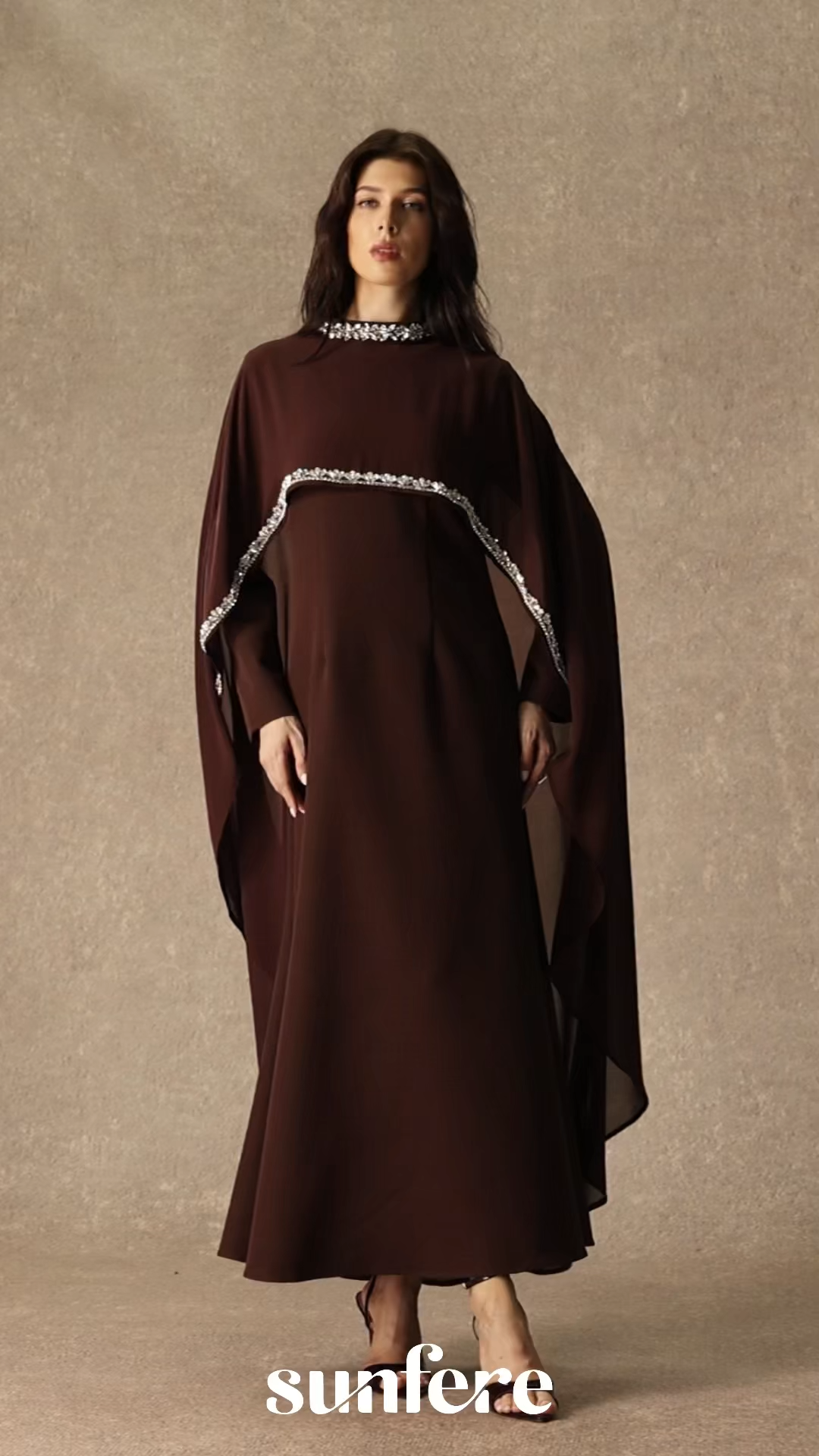 Classic Elegance Brown Crystal Trim Cape Maxi Dress