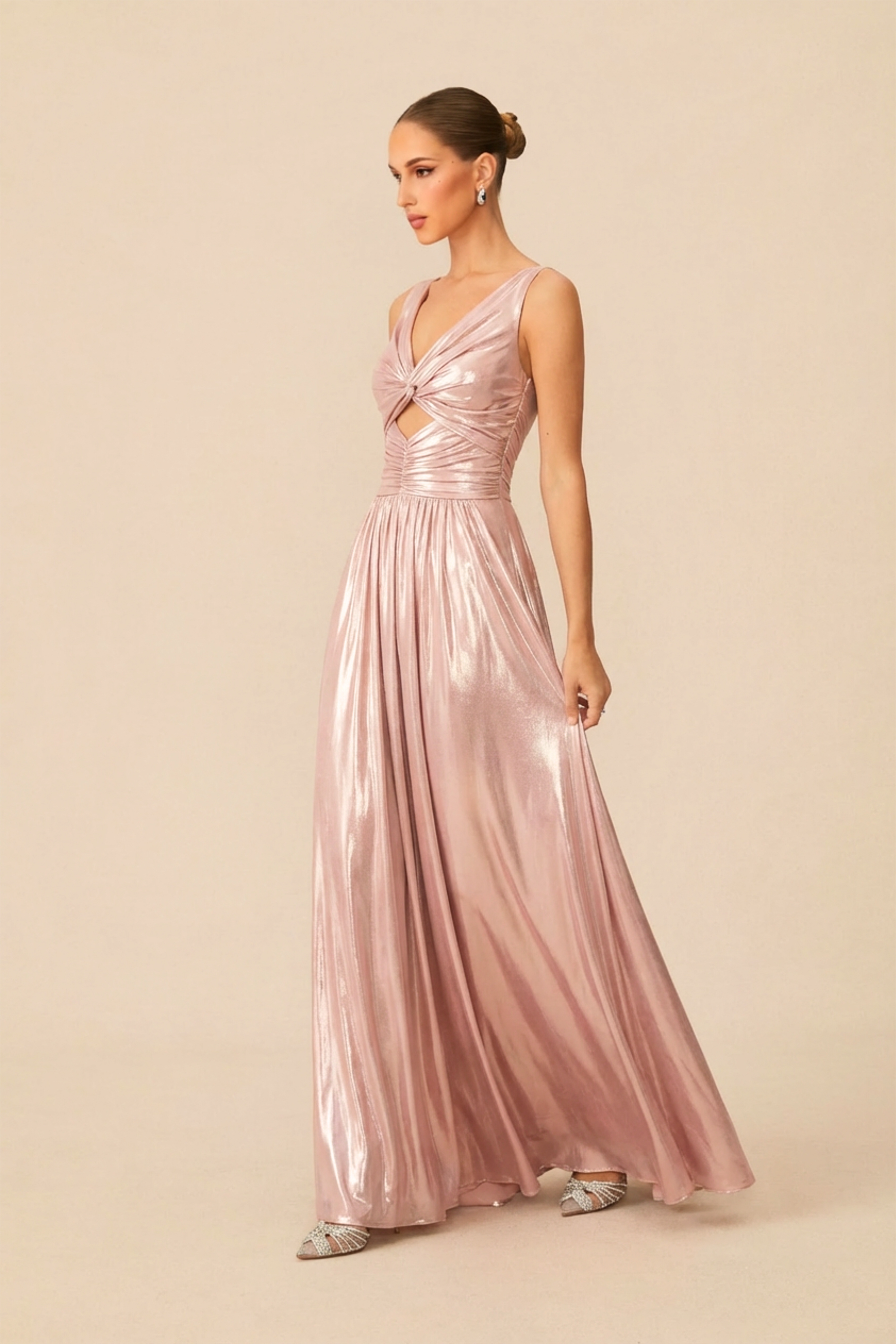 Candlelight Dream Pink Metallic Twisted Bodice Maxi Dress