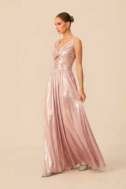 Candlelight Dream Pink Metallic Twisted Bodice Maxi Dress