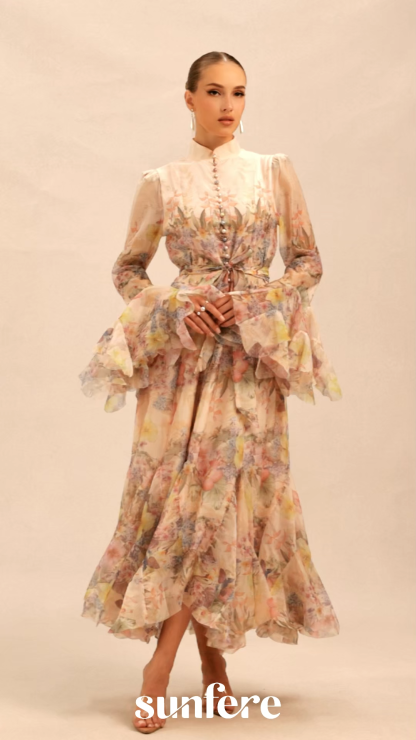 Alessia Floral Print Ruffle Cuff Maxi Dress