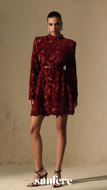 Flirty Feelings Burgundy Floral Lace Long Sleeve Mini Dress