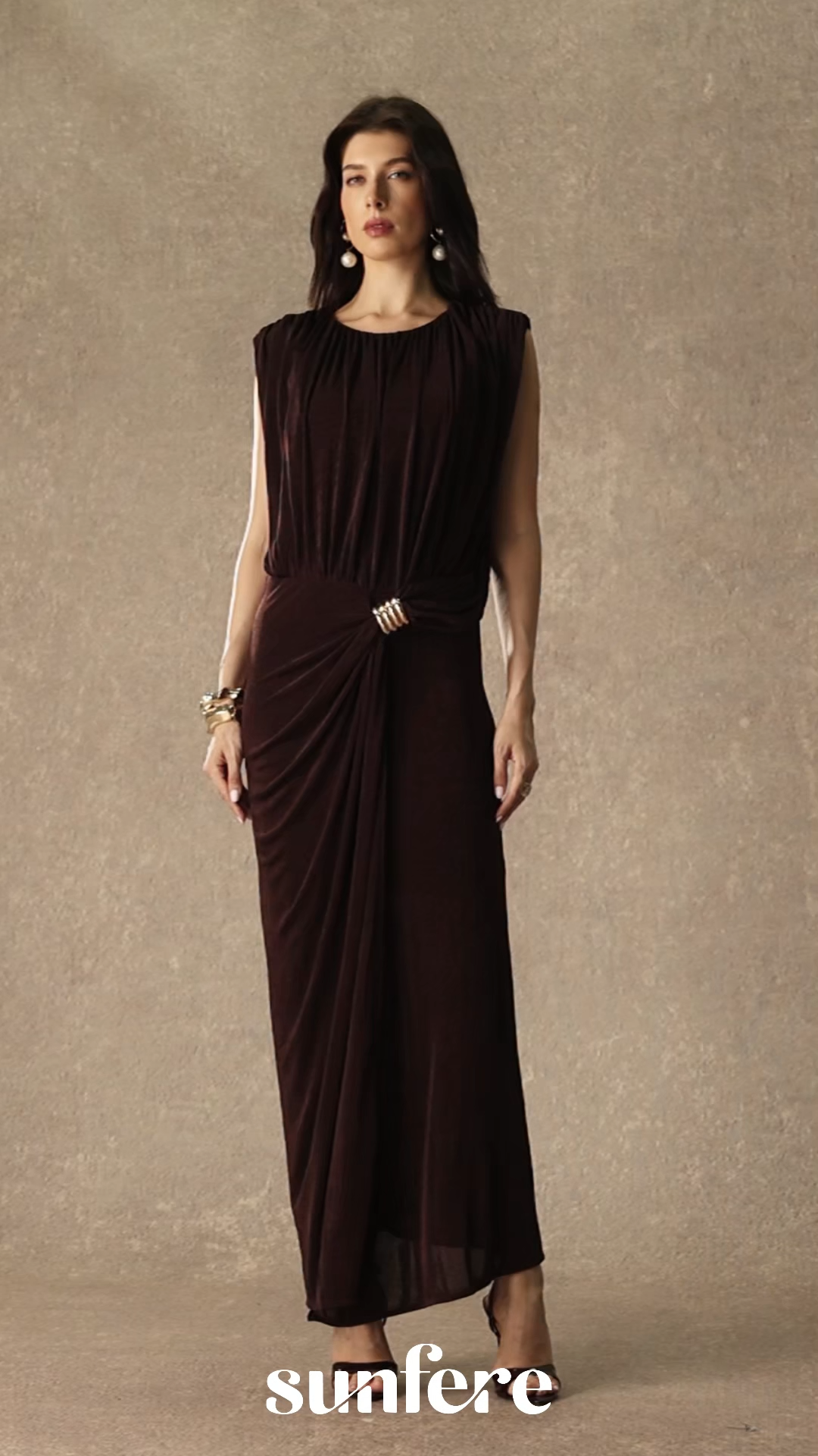 Effortlessly Yours Brown Sleeveless Draped Maxi Dress