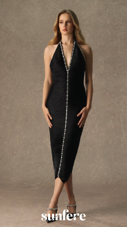 Stunned By You Black Deep V-Neck Fringe Midi Dress