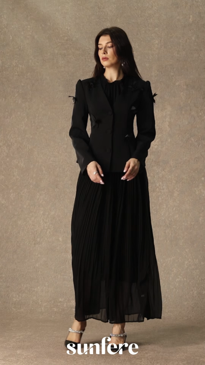 Graceful Midnight Black Butterfly Applique Jacket & Pleated Dress Set