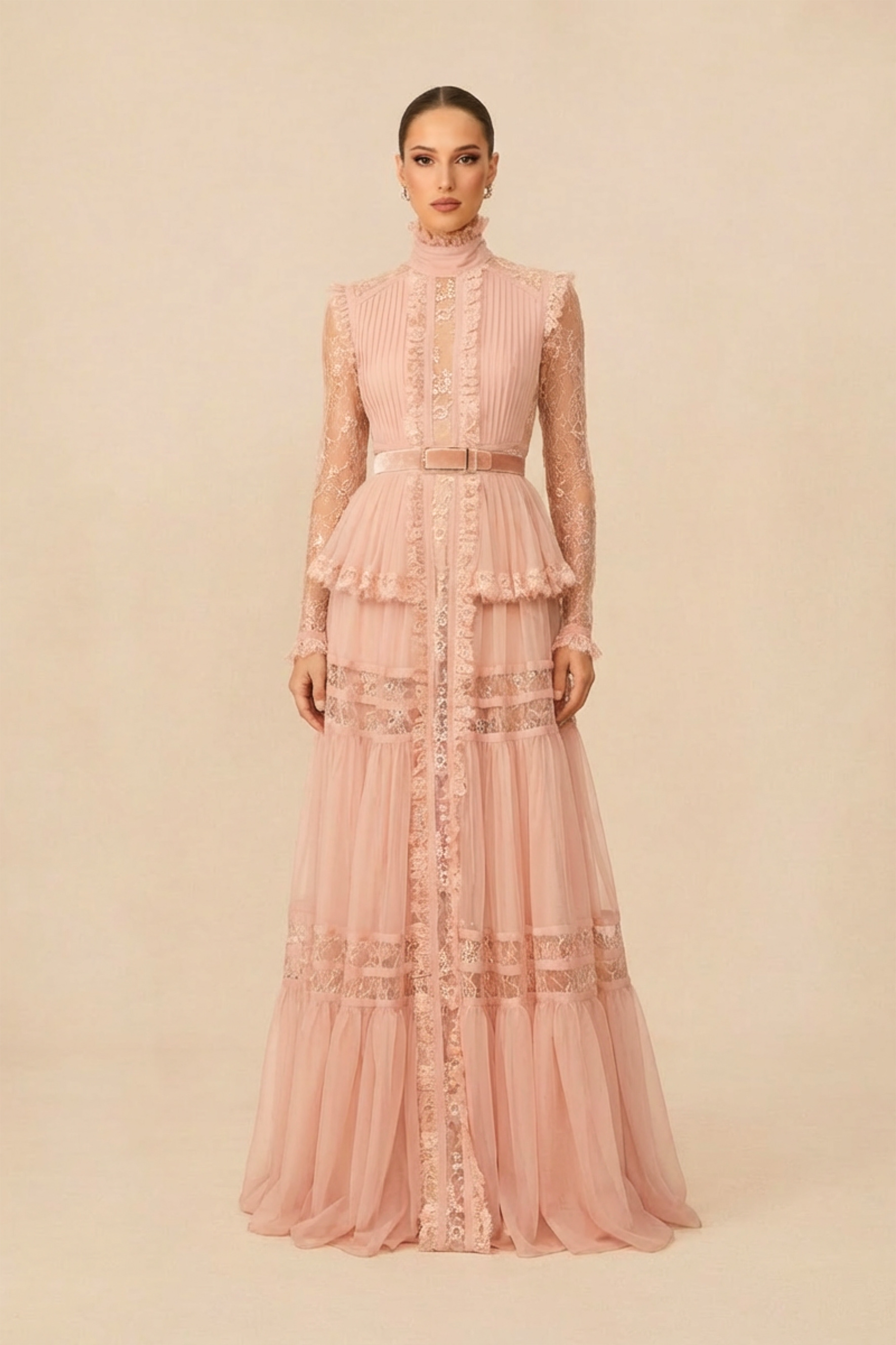 Unique Impression Pink High Neck Ruffled Trim Maxi Dress