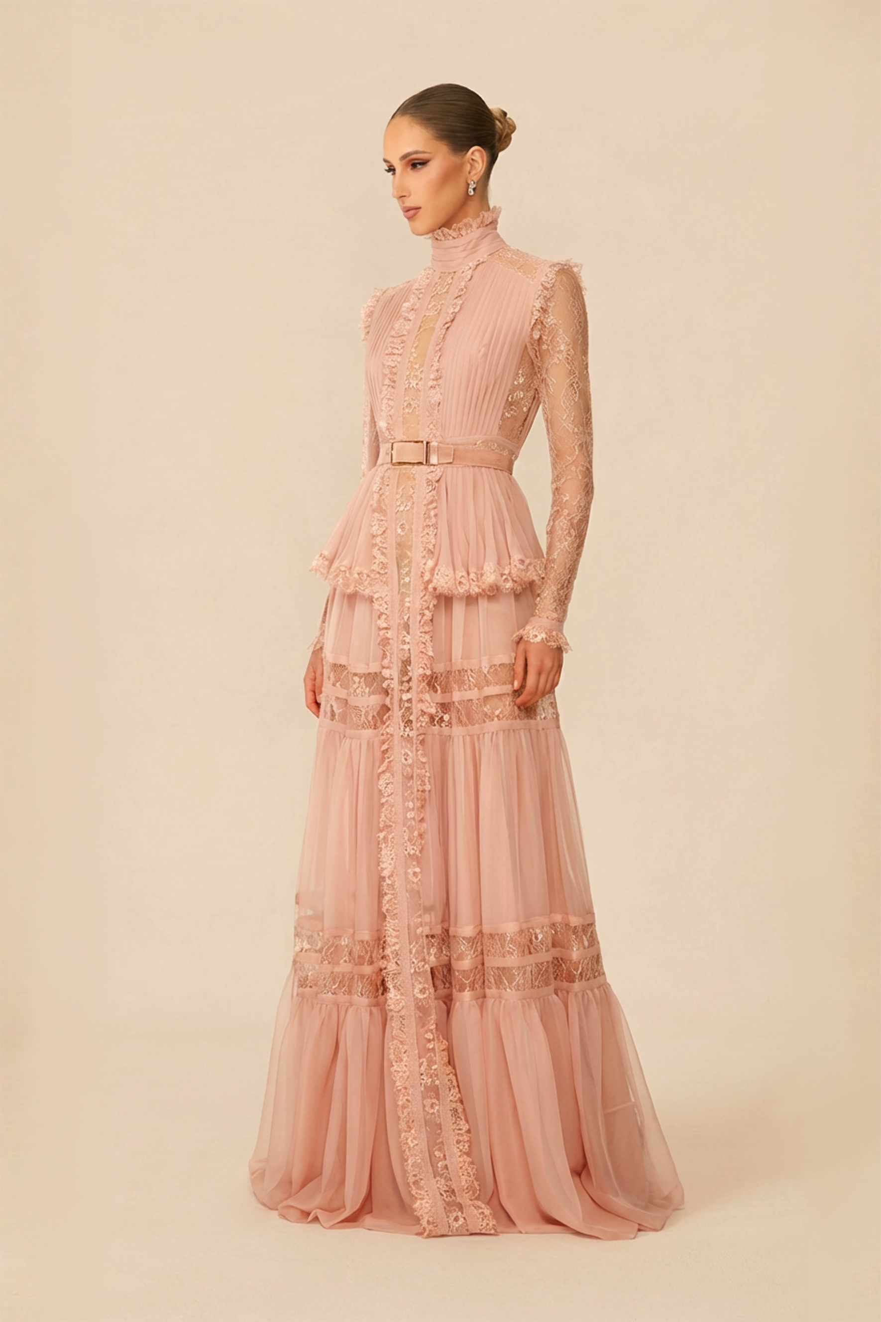 Unique Impression Pink High Neck Ruffled Trim Maxi Dress