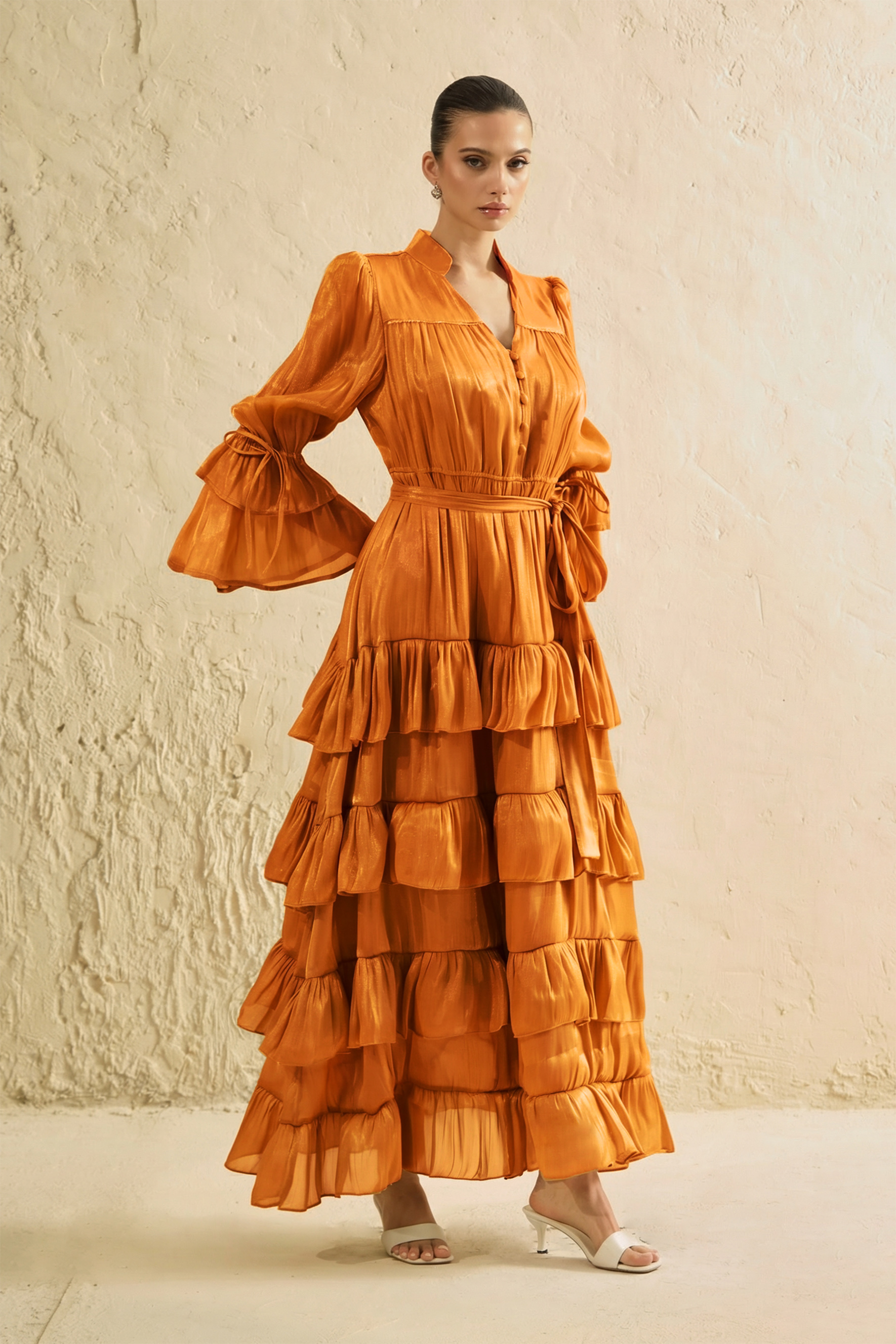 Signature Lady Orange Tiered Ruffle Maxi Dress