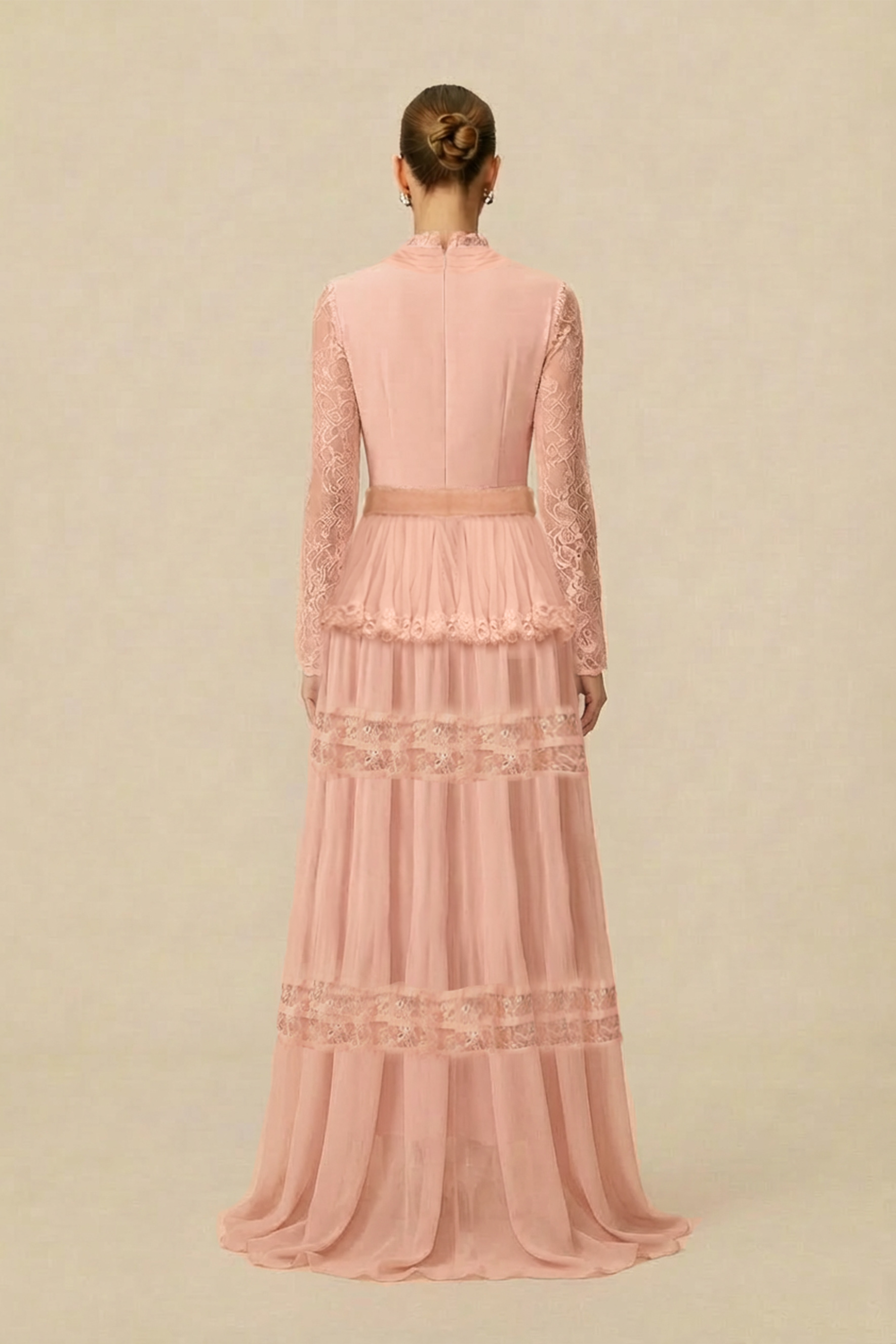 Unique Impression Pink High Neck Ruffled Trim Maxi Dress
