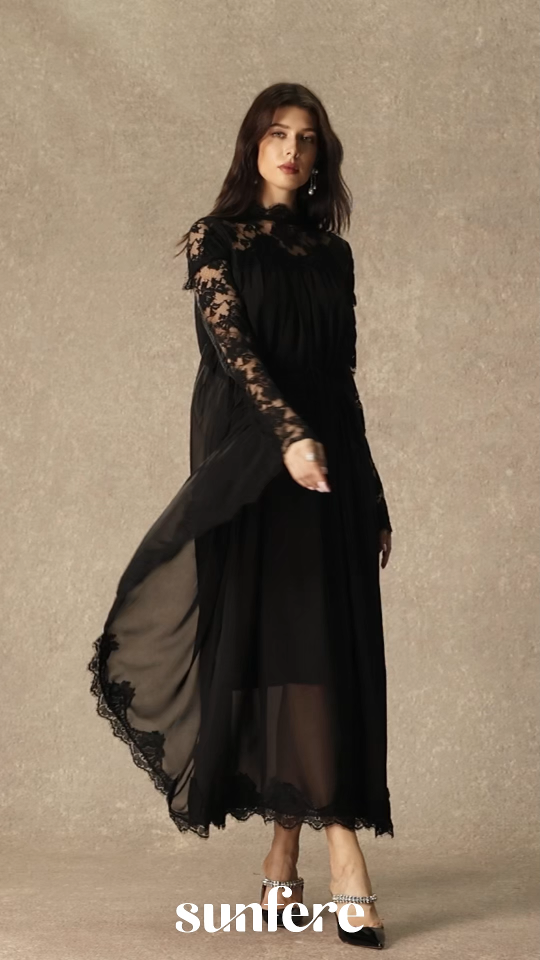 Enchanted By You Black Lace Panel Tie Waist Maxi Dress