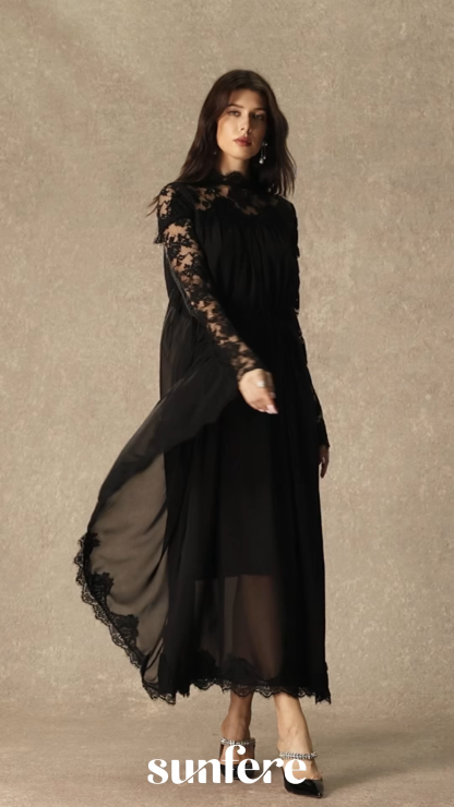 Enchanted By You Black Lace Panel Tie Waist Maxi Dress