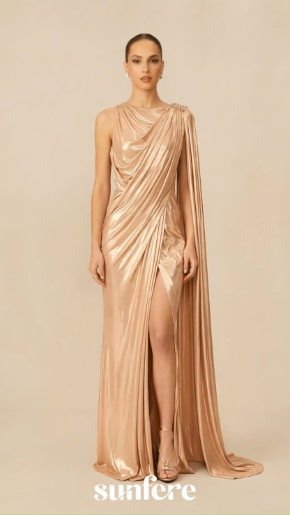 Beautiful Evenings Gold Asymmetric Draped Cape Maxi Dress