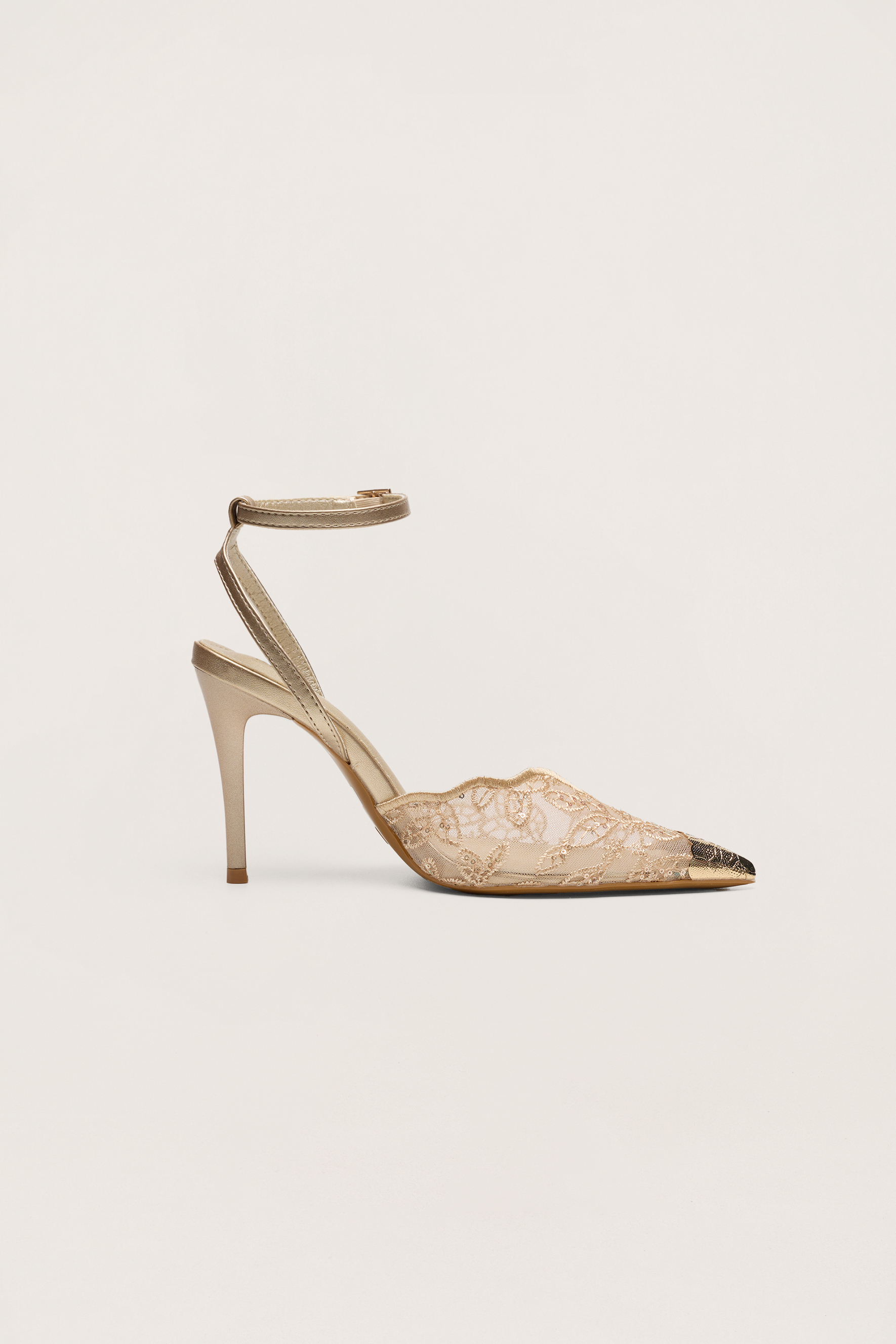 Special Feeling Gold Floral Embroidered Scalloped Ankle Strap Pumps