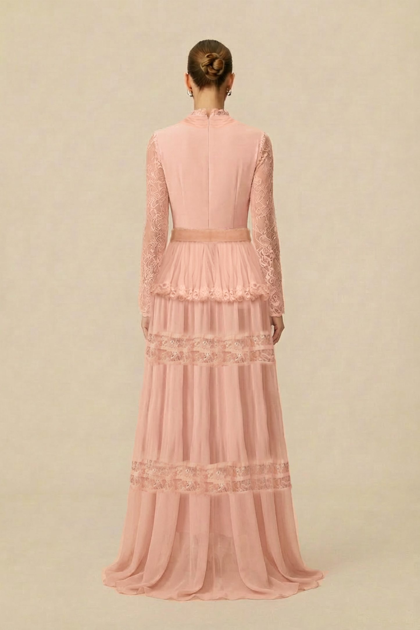 Unique Impression Pink High Neck Ruffled Trim Maxi Dress