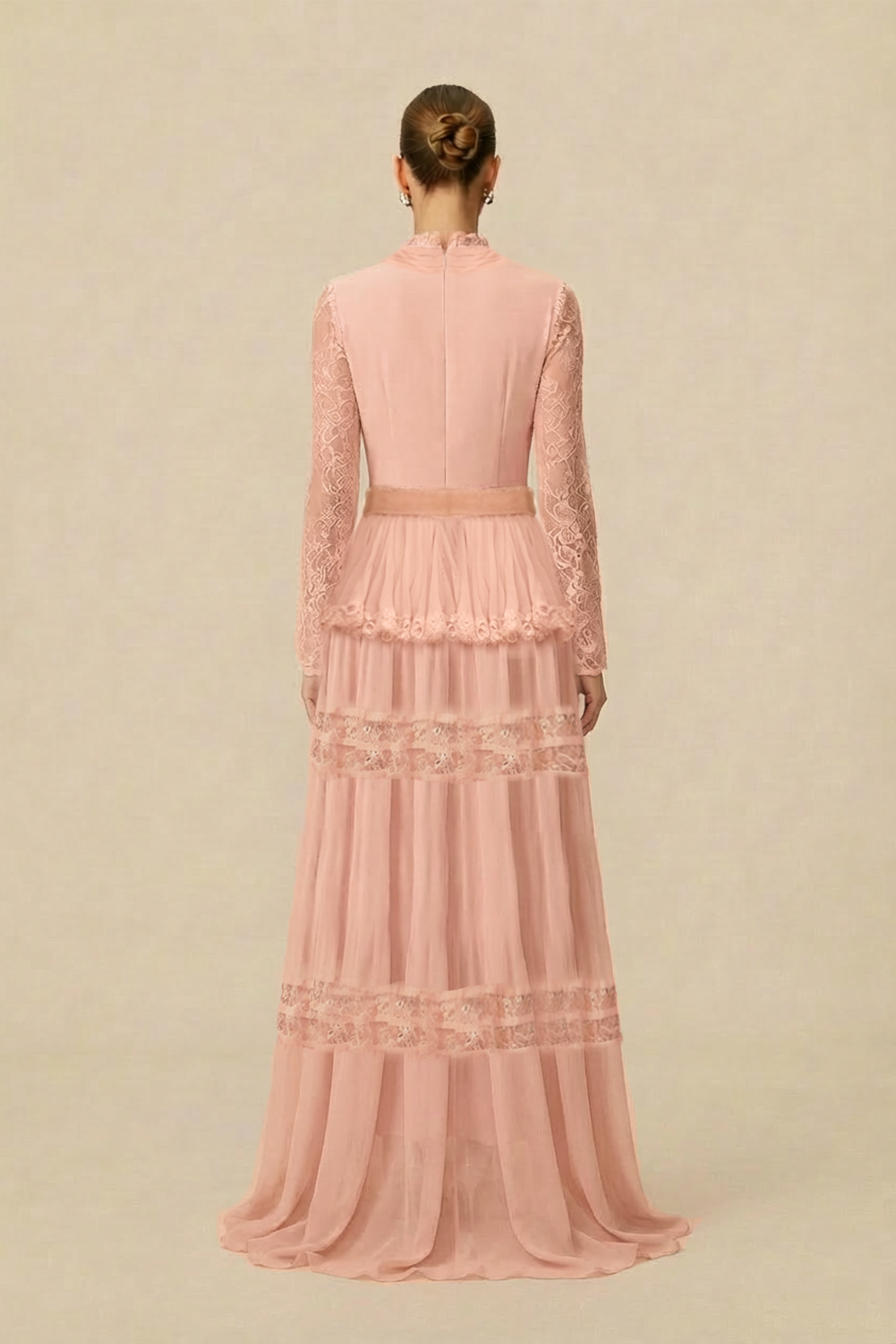 Unique Impression Pink High Neck Ruffled Trim Maxi Dress
