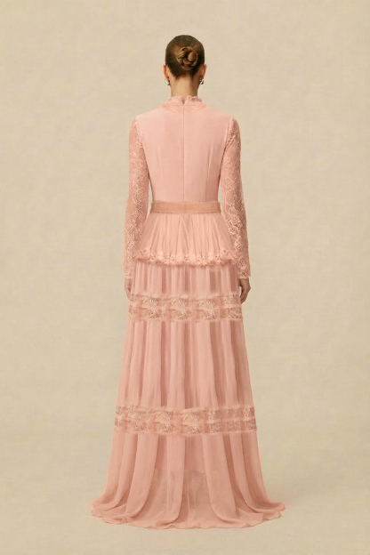 Unique Impression Pink High Neck Ruffled Trim Maxi Dress