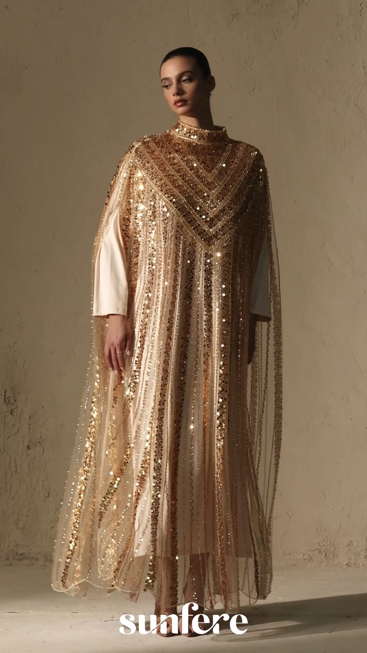 Shining Luxury Gold Chevron Sequin Tulle Maxi Dress