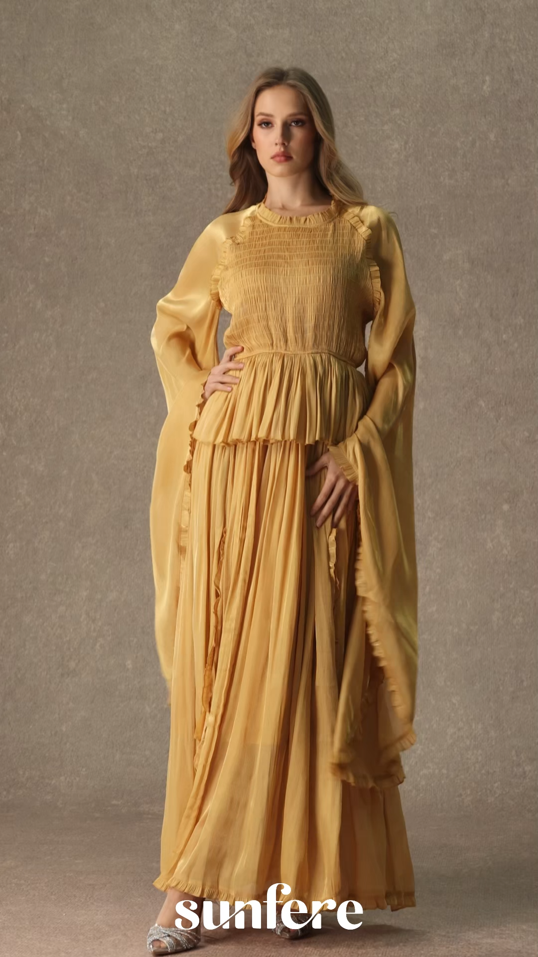 All Eyes On Me Khaki Ruffle Trim Long Sleeve Maxi Dress