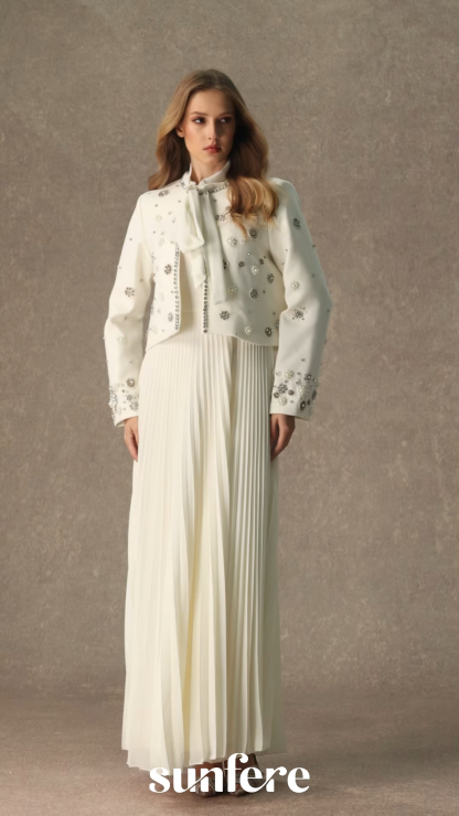 Lavish Looks White Embellished Jacket & Bow Tie Pleated Dress Set