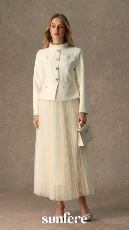 Daydream Darling White Rhinestone Embellished Jacket & Pleated Skirt Set