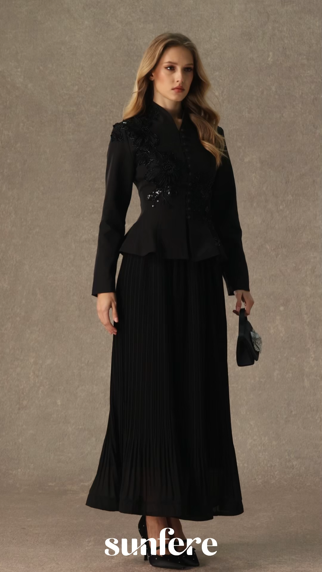Graceful Arrival Black Lace Embroidered Jacket & Pleated Skirt Set