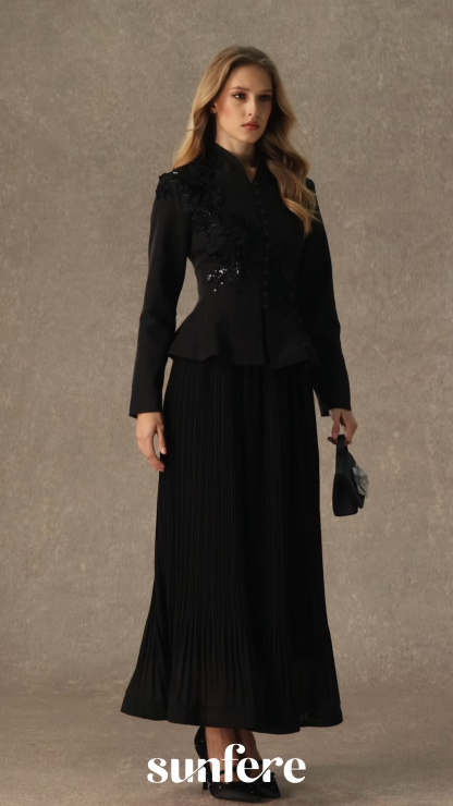 Graceful Arrival Black Lace Embroidered Jacket & Pleated Skirt Set