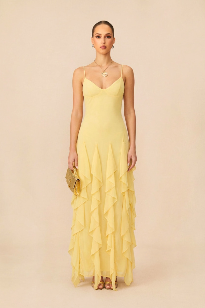 Charming Dedication Yellow V-Neck Layered Ruffle Maxi Dress