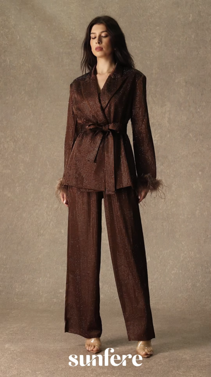 Suave Presence Brown Diamond Blazer & Wide Leg Pants Set