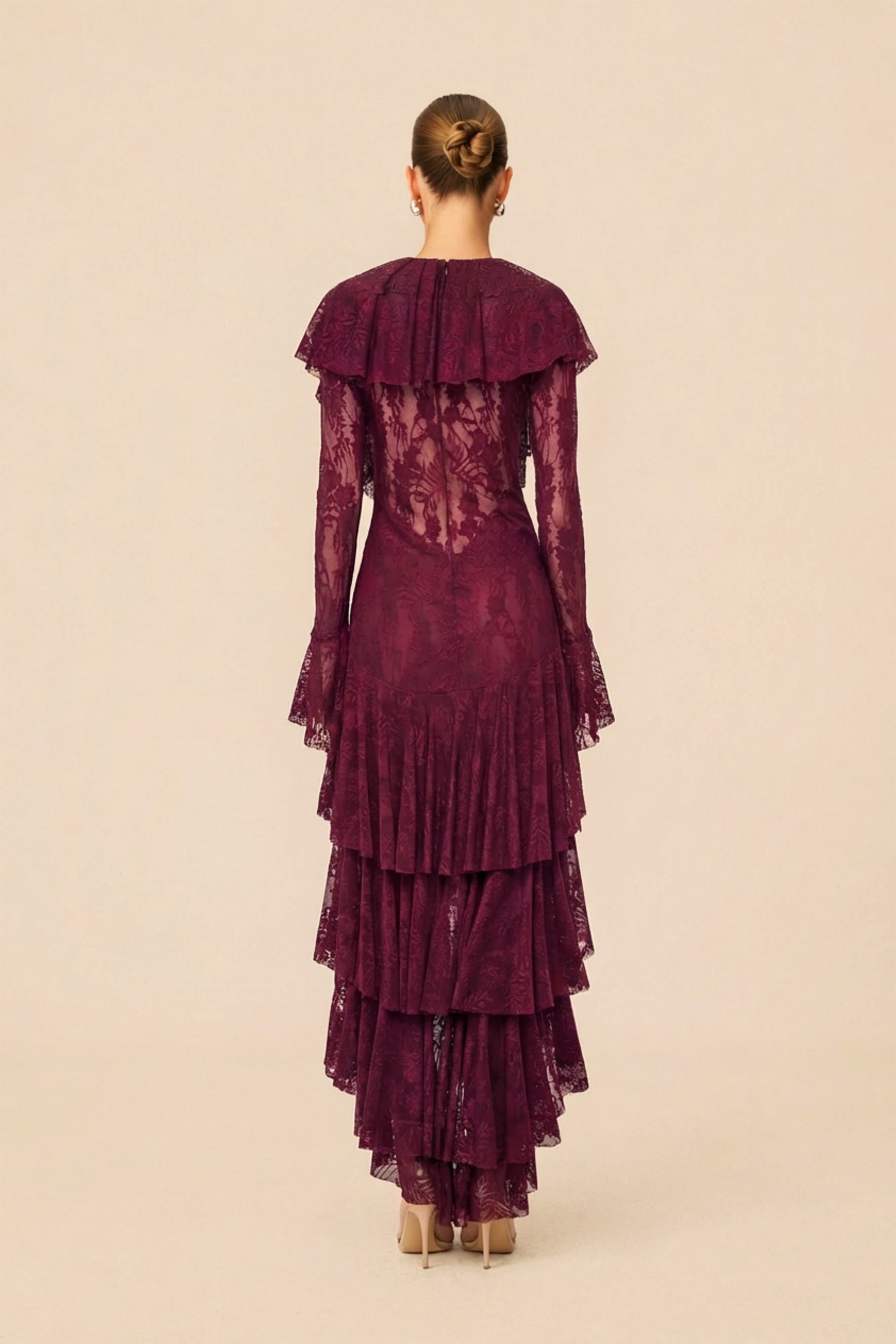 Night Style Burgundy V-Neck Tiered Ruffle Lace Maxi Dress