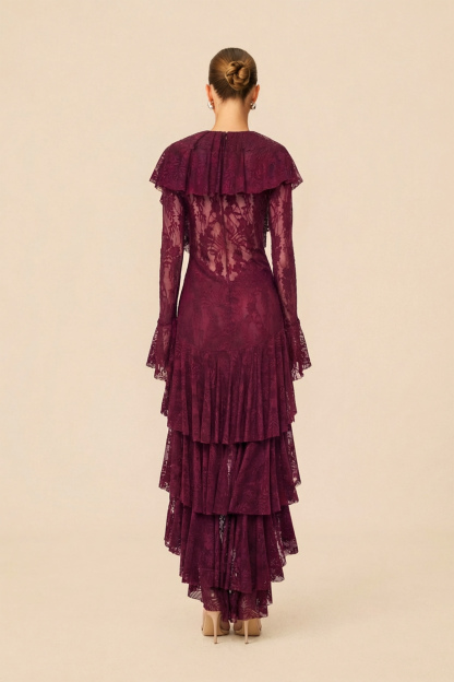 Night Style Burgundy V-Neck Tiered Ruffle Lace Maxi Dress
