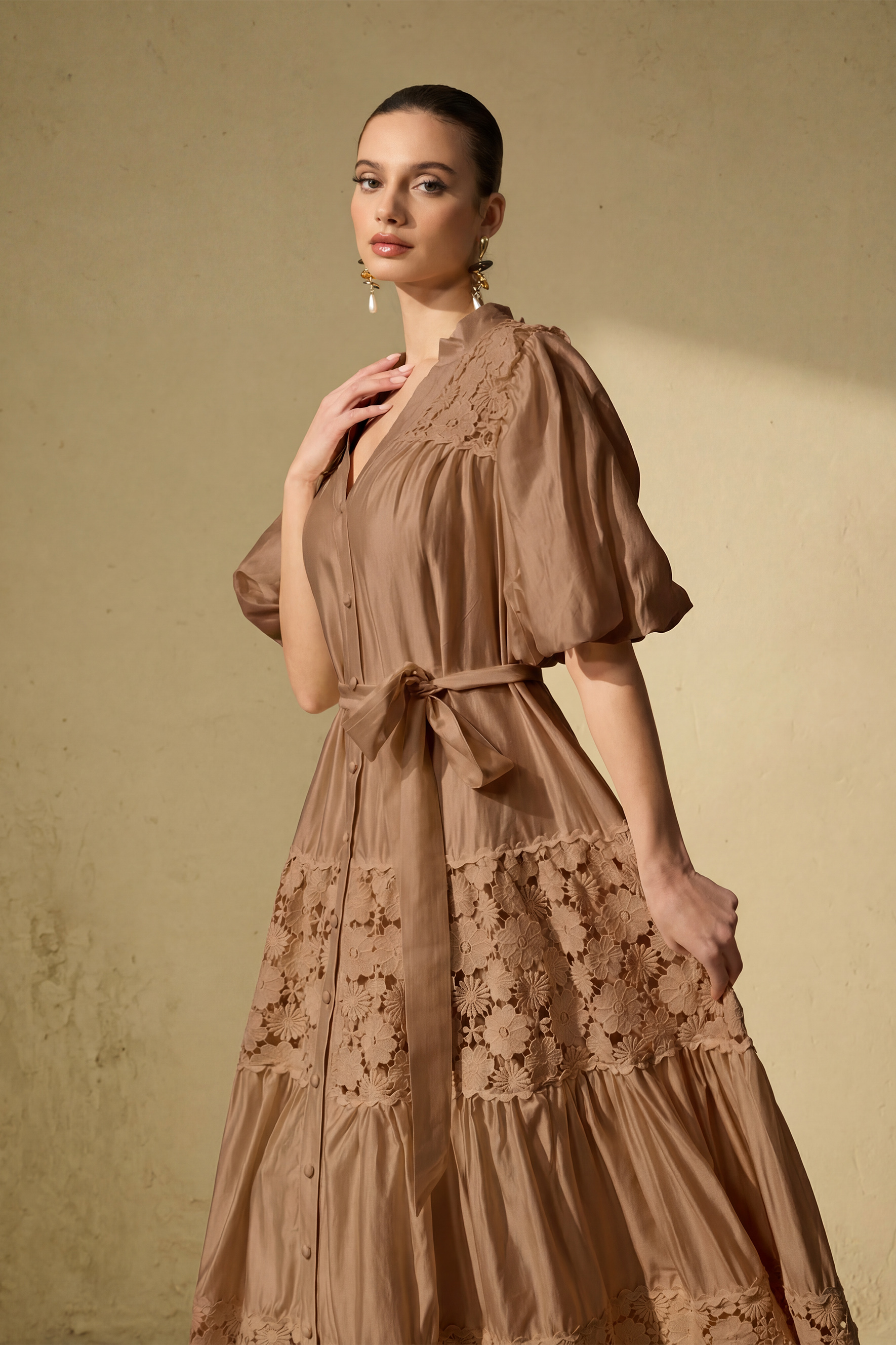 Chic Reverie Puff Sleeve Floral Lace Maxi Dress