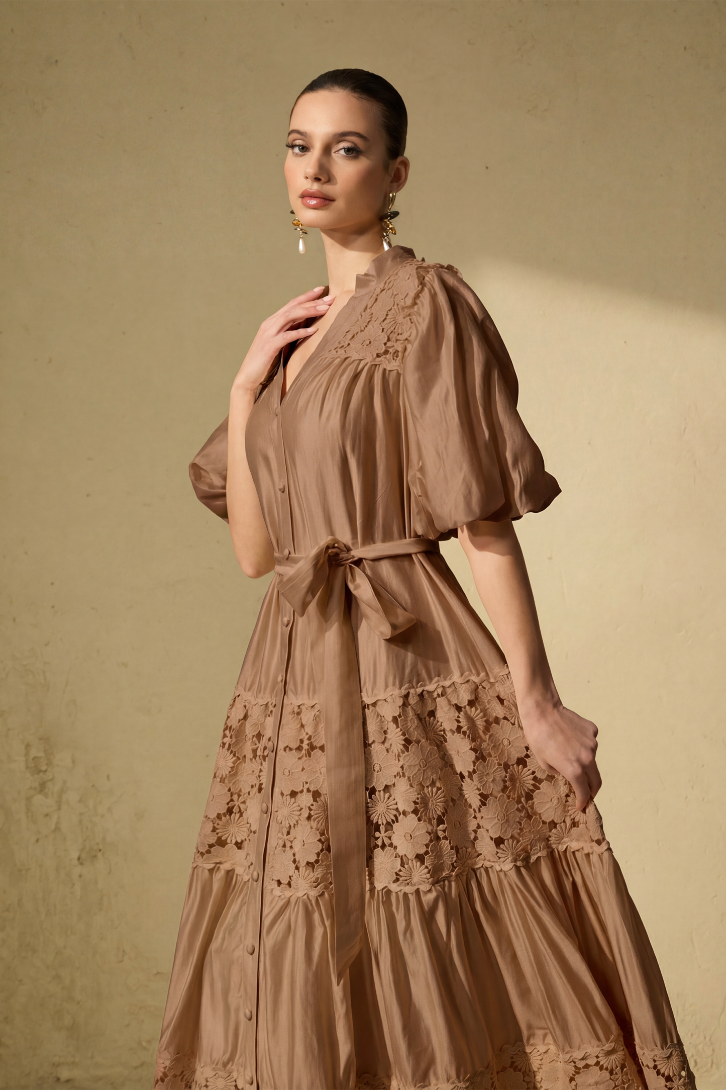 Chic Reverie Puff Sleeve Floral Lace Maxi Dress