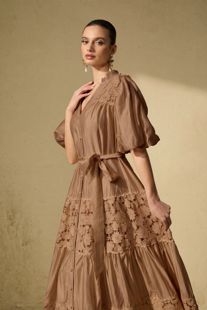 Chic Reverie Puff Sleeve Floral Lace Maxi Dress