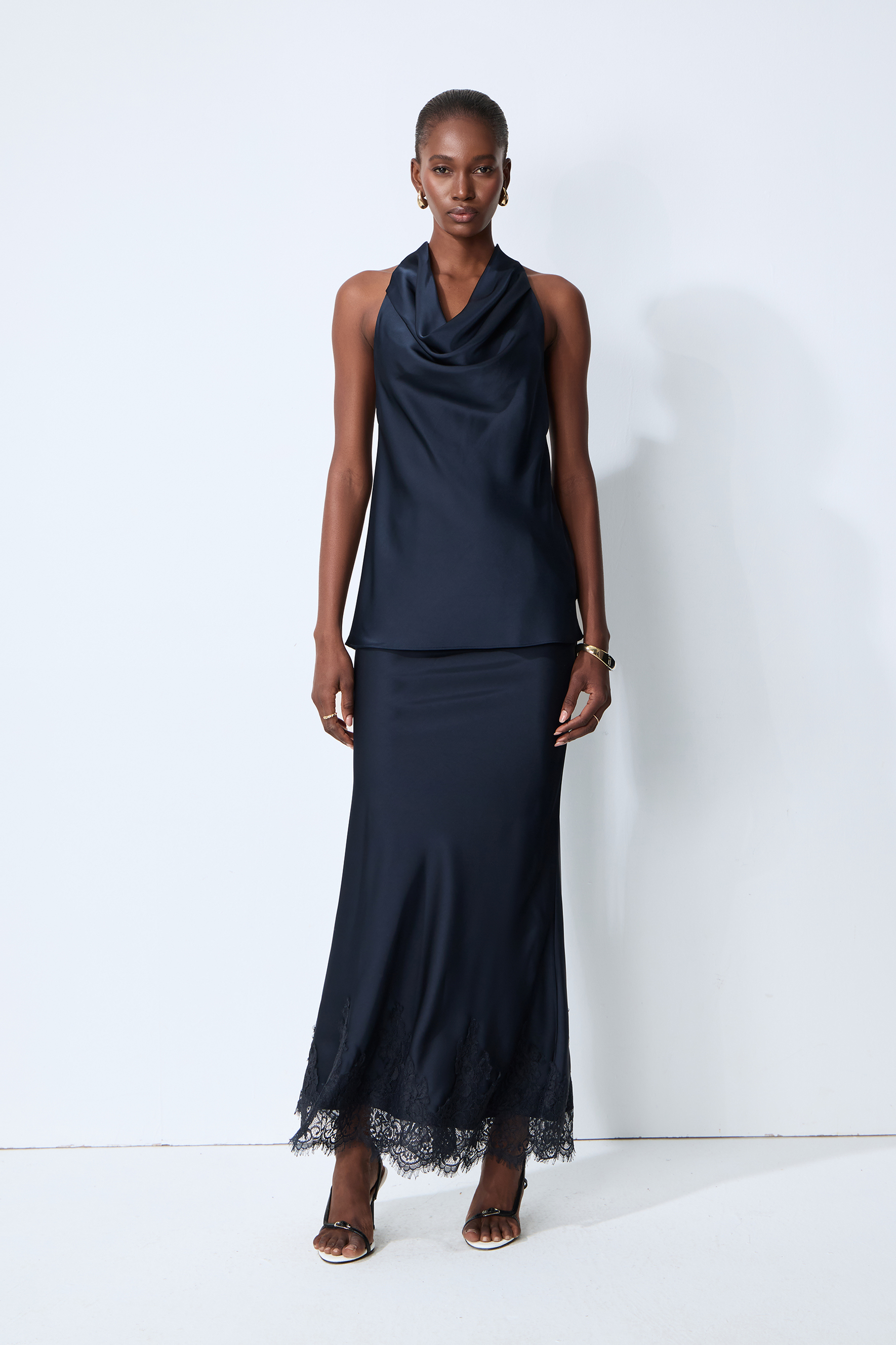 Soft Elegance Blue Bias Cut Lace Hem Maxi Skirt
