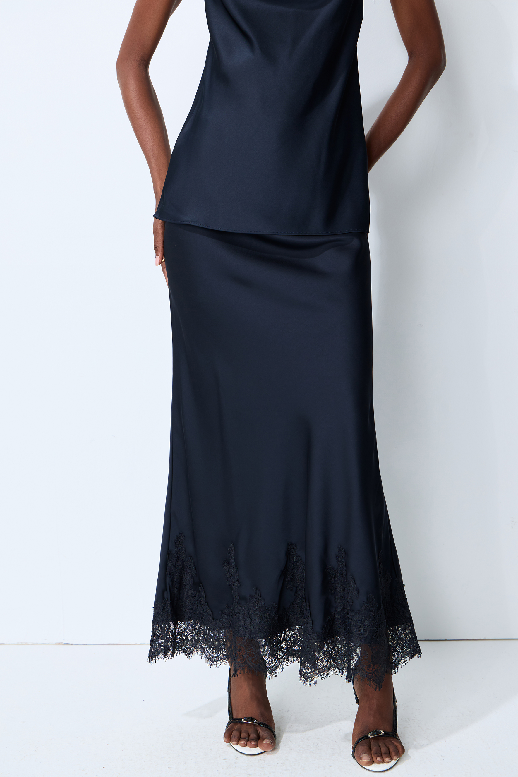 Soft Elegance Blue Bias Cut Lace Hem Maxi Skirt