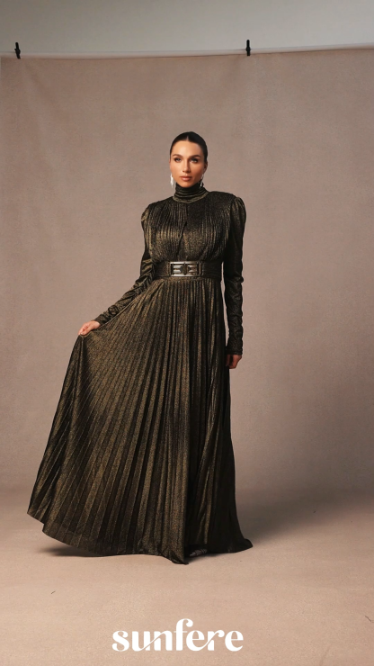 Elsie Metallic Pleated Belted Maxi Dress