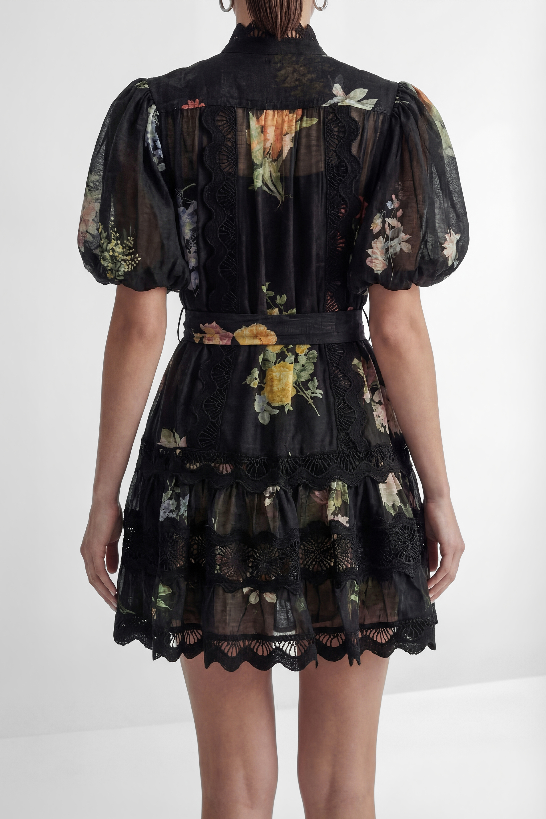 Radiance In The Dark Black Floral Print Lace Trim Mini Dress