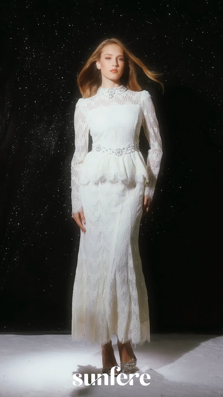 Eternally Beloved White Pearl Embellished Sheer Lace Top & Skirt Set