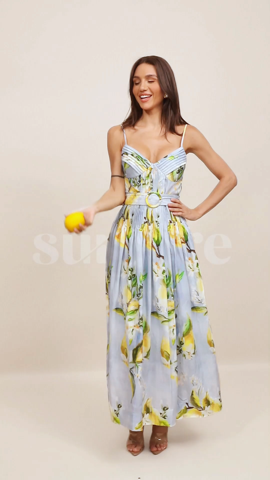 Joyce Lemon Print Spaghetti Strap Maxi Dress
